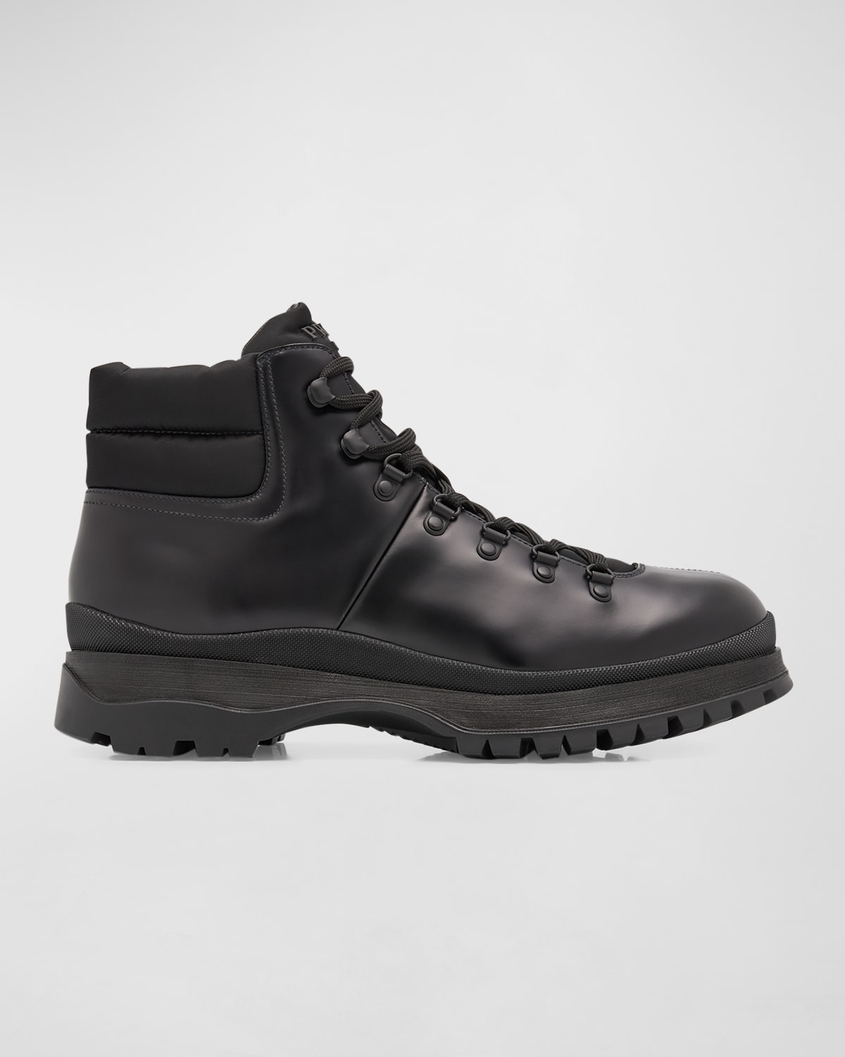 Shop Prada Men's Brucciato Leather Lace-up Hiking Boots In Nero