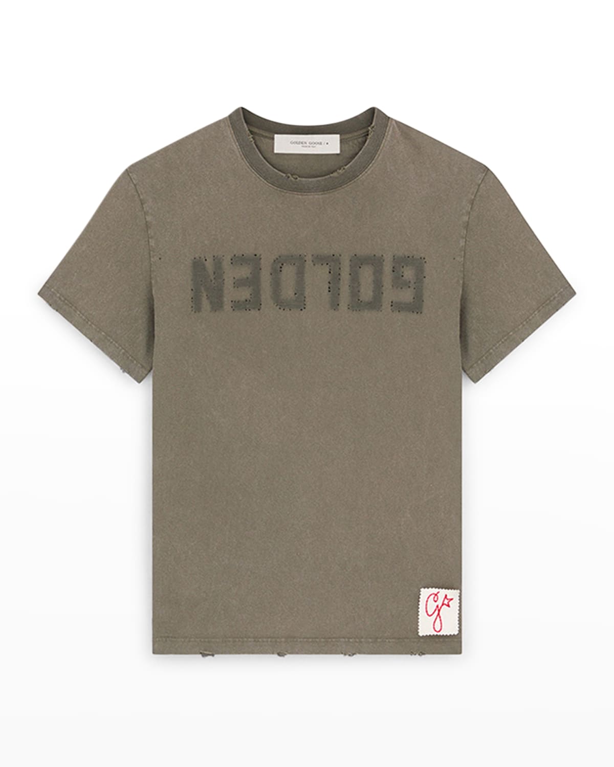 Shop Golden Goose Men's Reverse Logo Distressed T-shirt In Dusty Olive