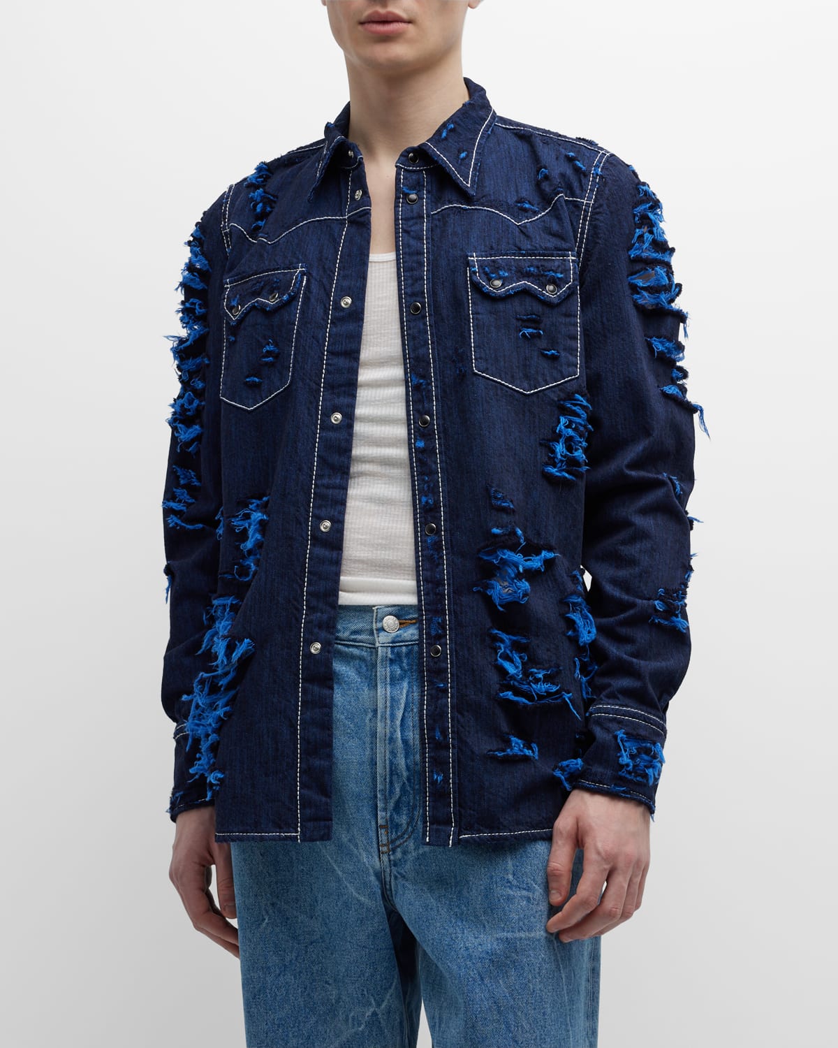 Marni Distressed Denim-effect Shirt In Iris/blue