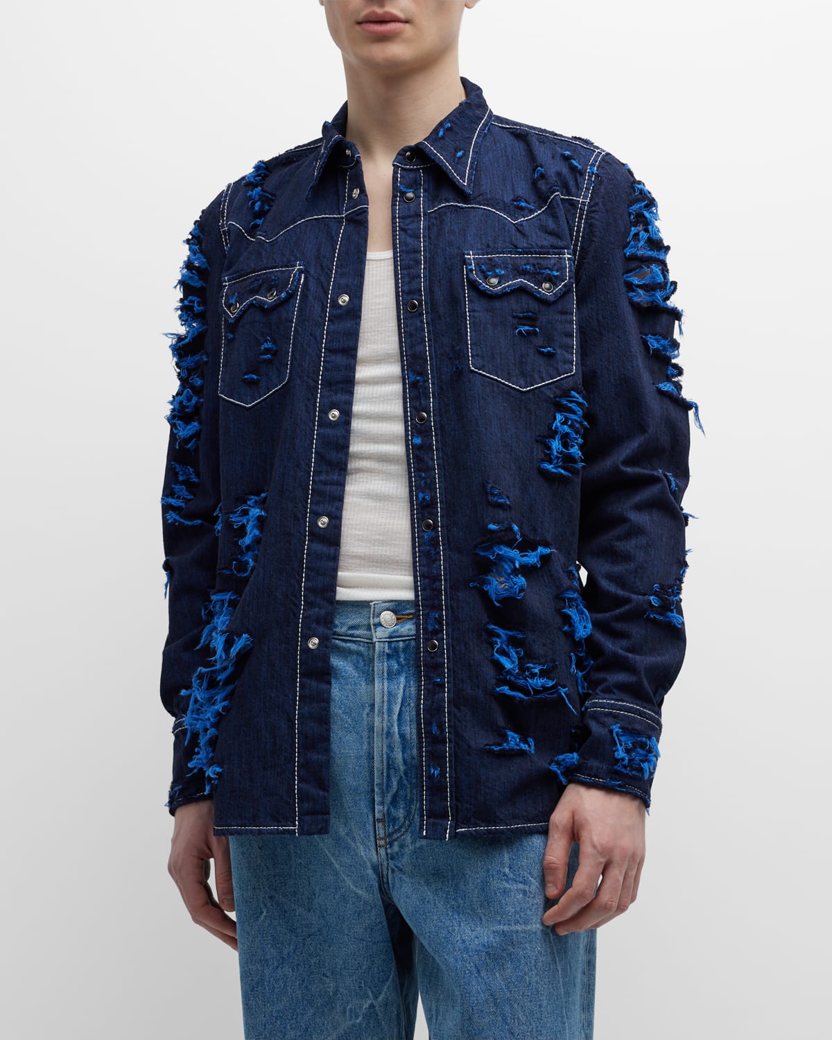 Shop Marni Men's Destroyed Denim Western Shirt In Iris/blue