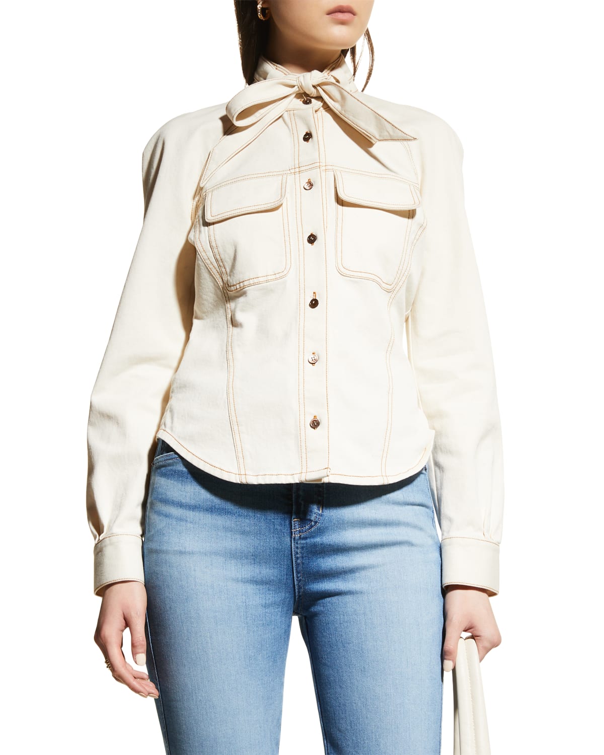 Elodie Button-Front Shirt with Self-Tie Collar