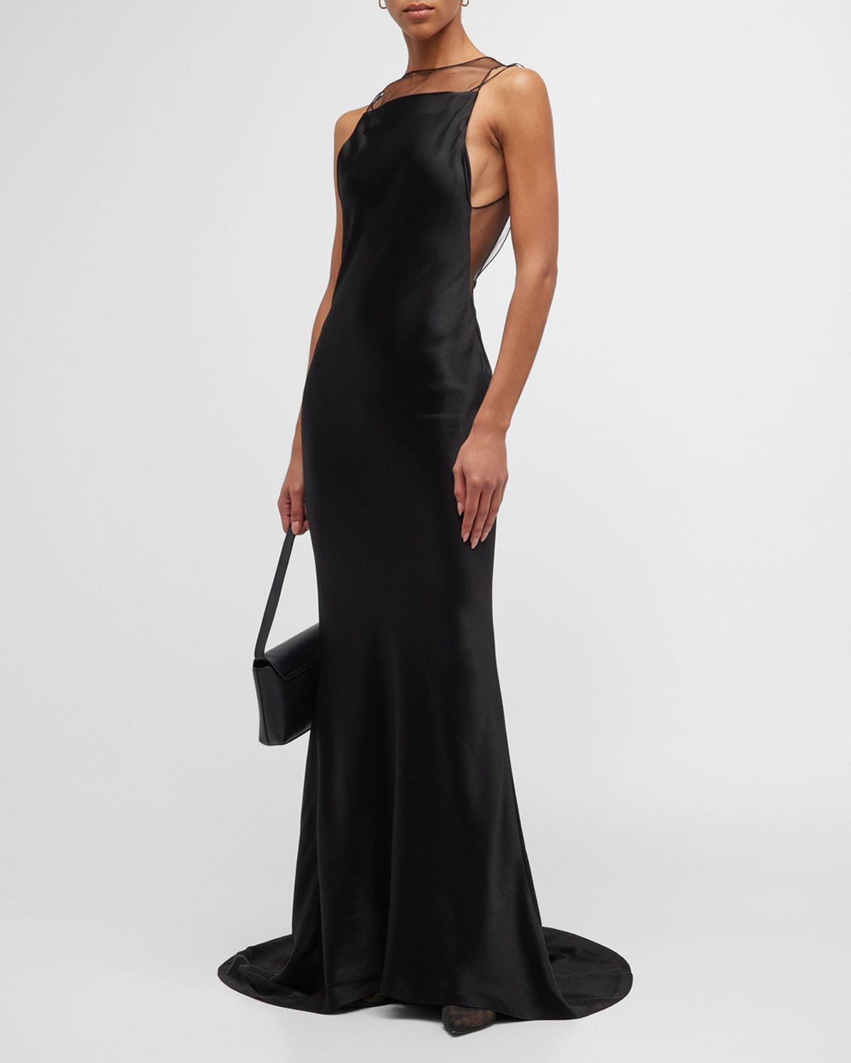 Satin Open-Back Trumpet Gown with Sheer Detail