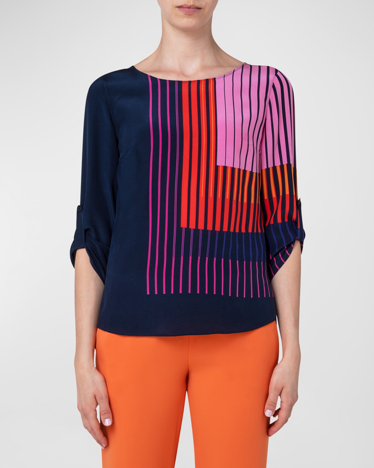 Akris Punto Layered Stripe Printed Silk Blouse In Navy Multicolor