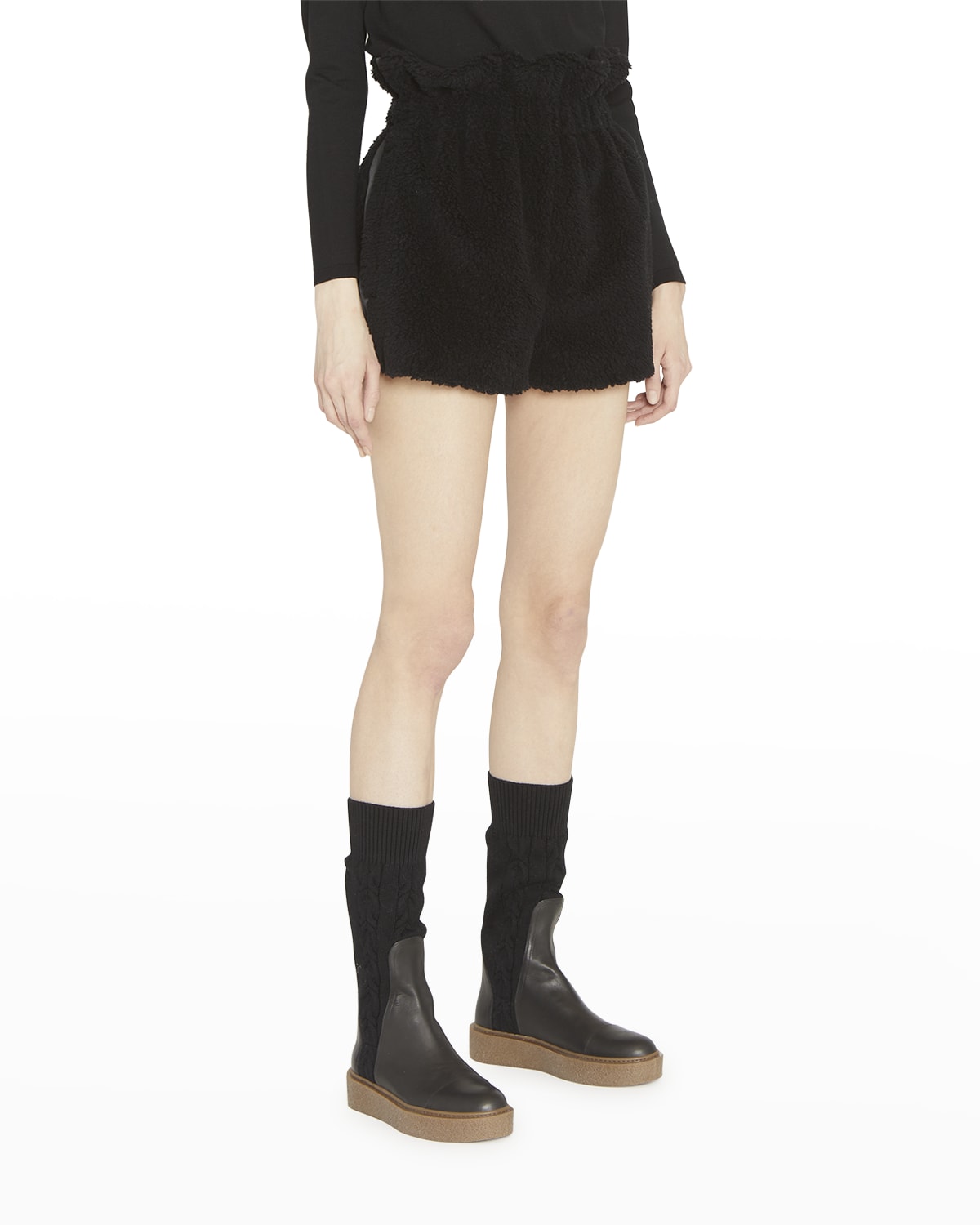Max Mara Tripoli Side-Stripe Paper Bag-Waist Teddy Shorts