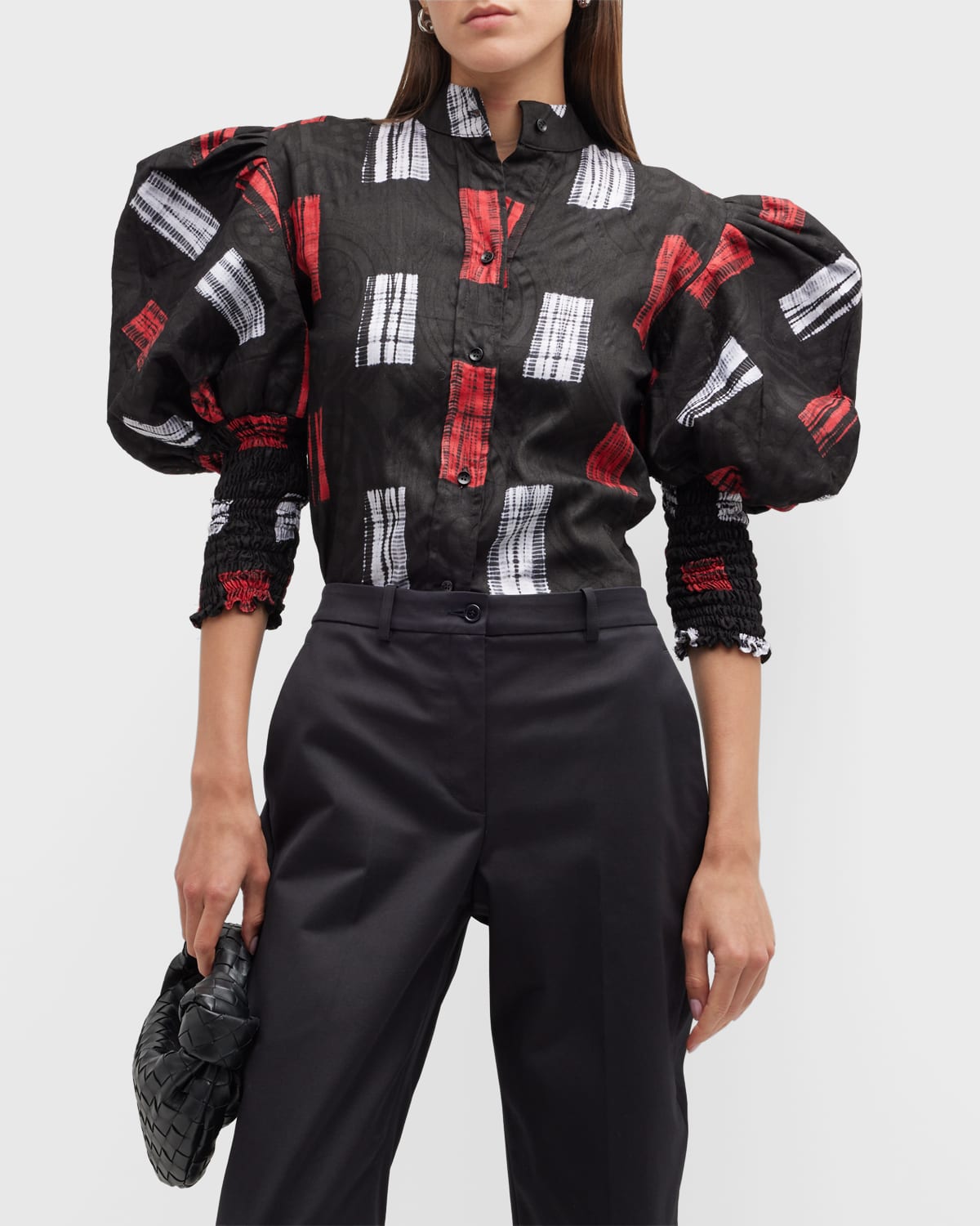 Busayo Tunji Balloon-sleeve Dyed Button-front Shirt In Black Red And Whi