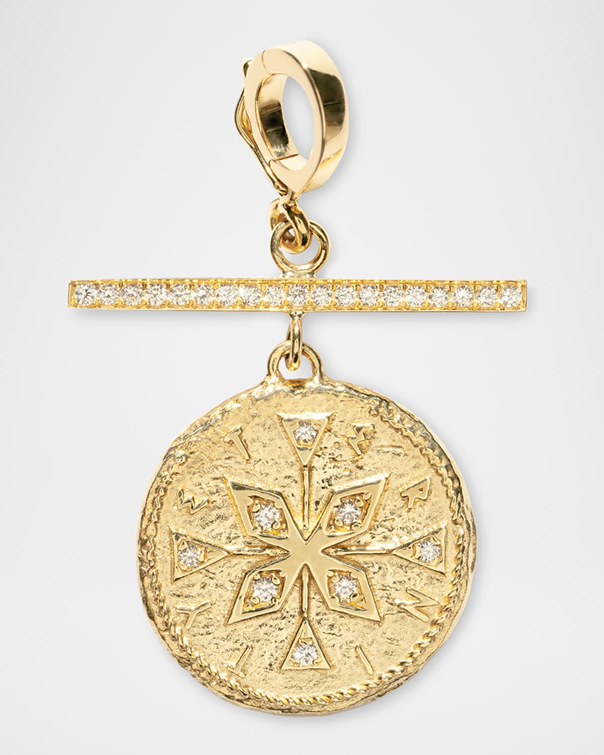 18K Yellow Gold Small Diamond Compass Charm with Pave Bar