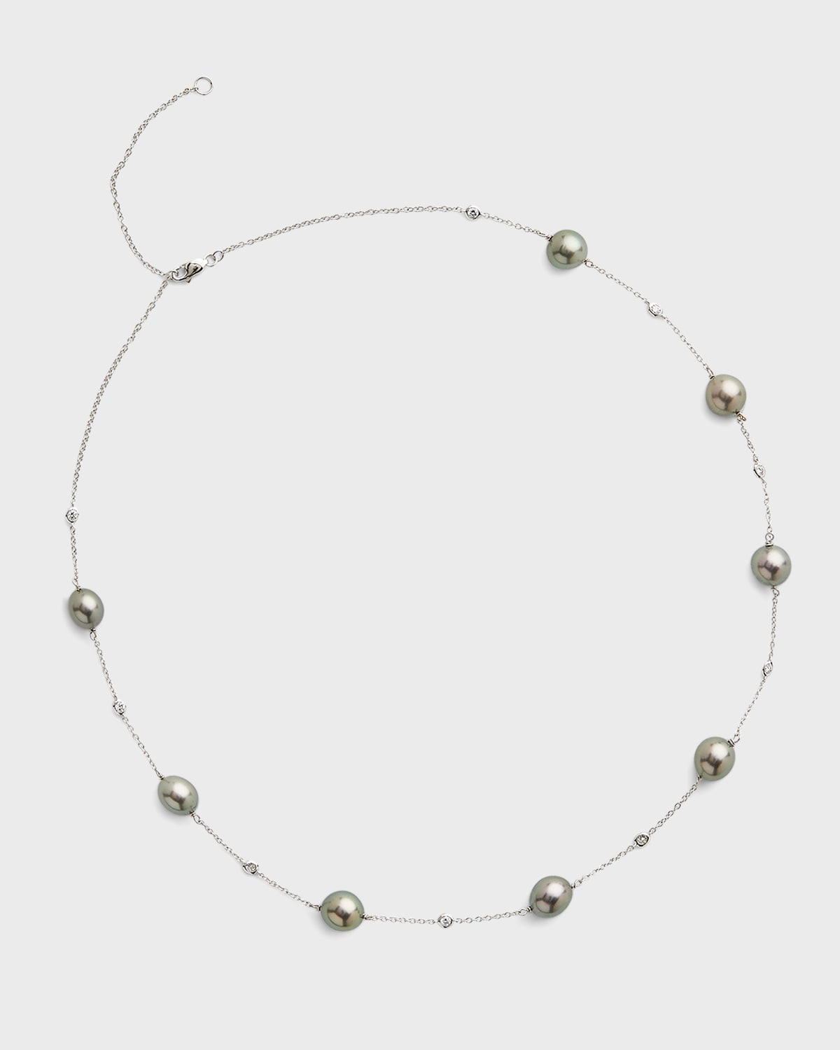 18K White Gold 9mm Gray Tahitian 7-Pearl and Diamond Necklace, 17.5"L