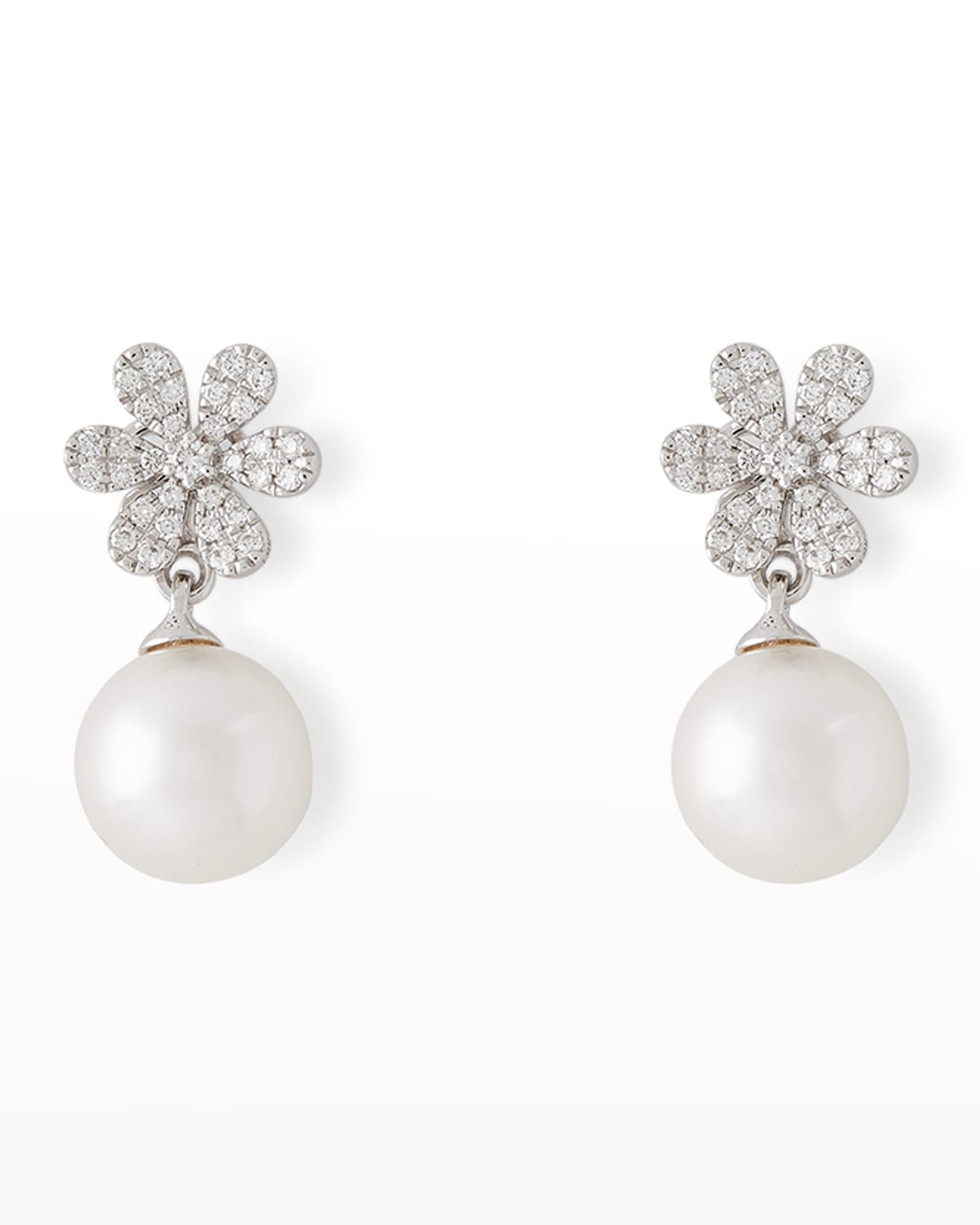 18K White Gold Diamond Flower and 8.5mm Akoya Pearl Drop Earrings
