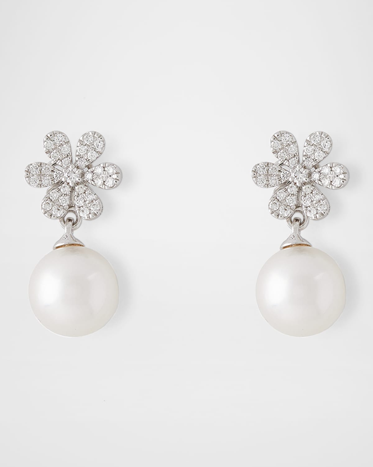 Pearls By Shari 18K White Gold Diamond Flower and 8.5mm Akoya Pearl Drop Earrings
