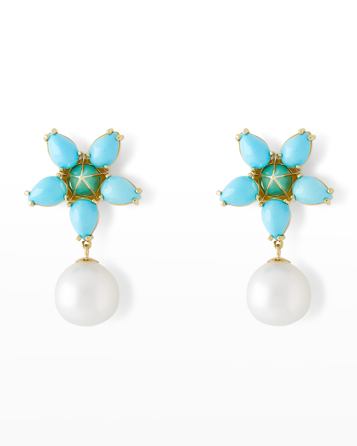 18K Yellow Gold Oval and Pear Turquoise Flower with 11mm Pearl Drop Earrings