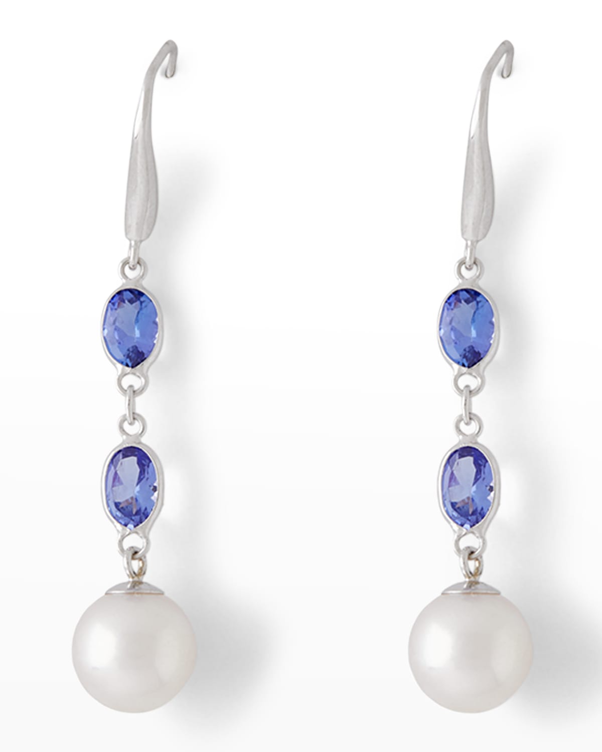 18K White Gold 8.5mm Akoya Pearl and Tanzanite Drop Earrings