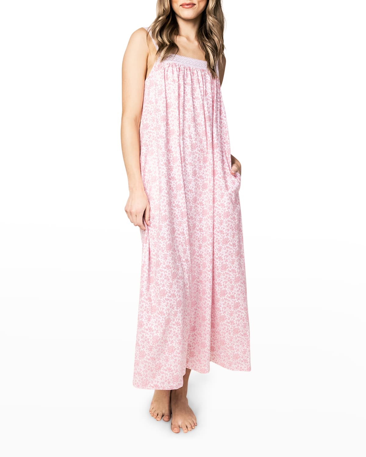 Petite Plume Camille Floral-print Lace-trim Nightgown In Pink