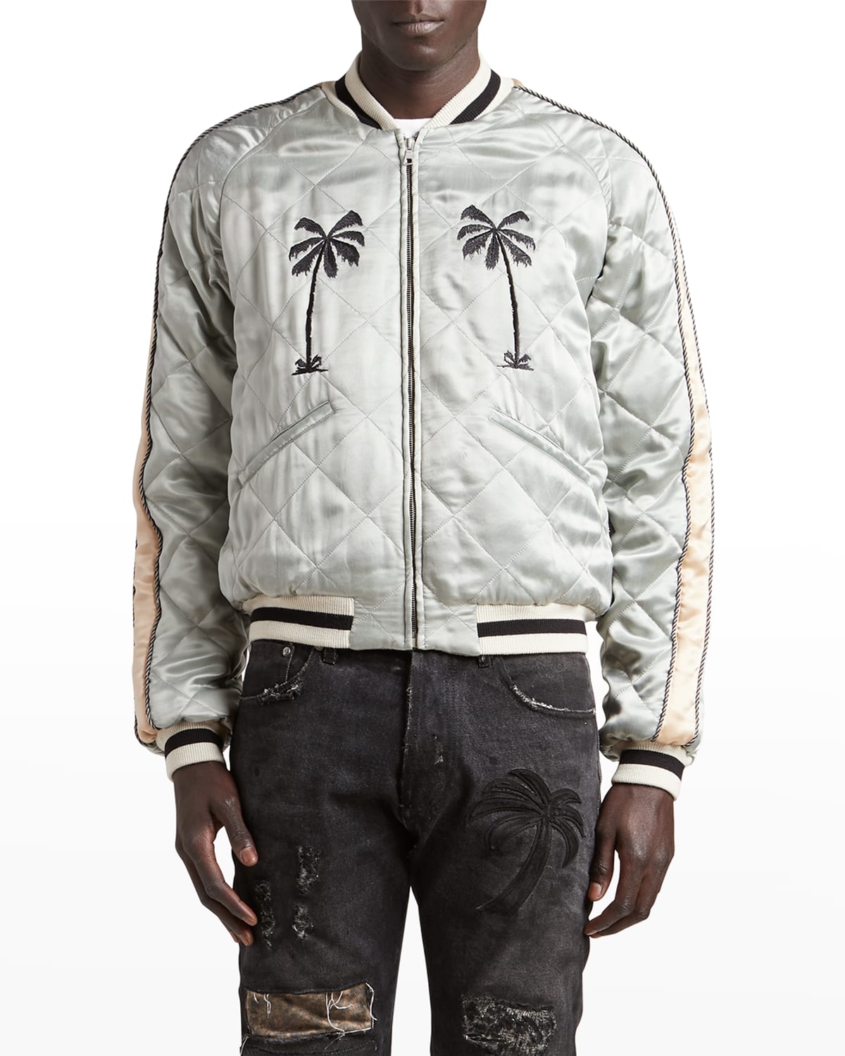 Palm Angels Men's Life Is Palm Quilted Souvenir Jacket In Grey Black