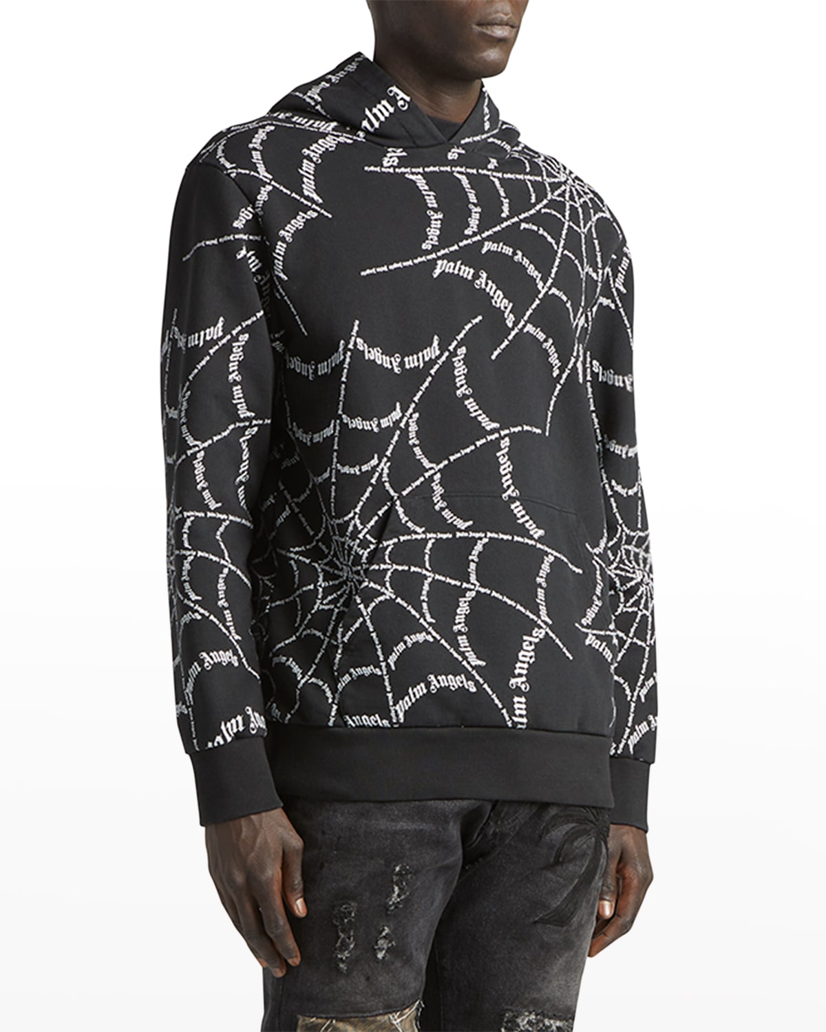 Palm Angels Spider Web Print Hoodie In Black Off White