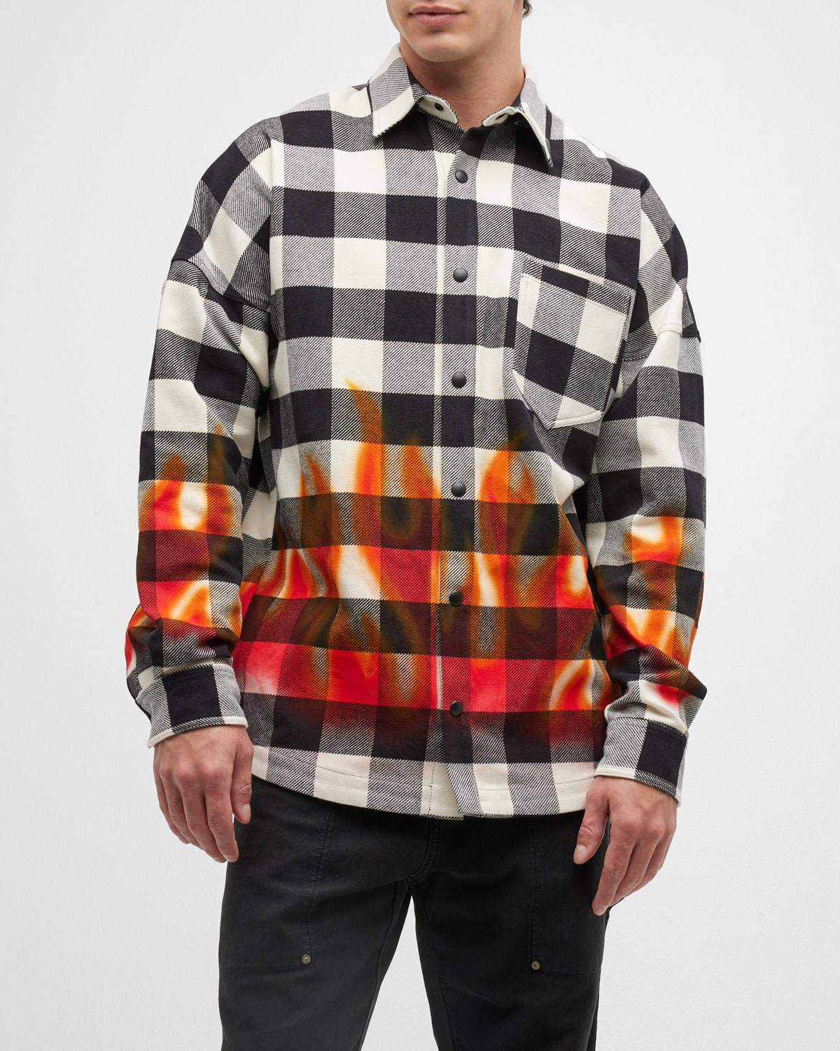 PALM ANGELS - Flannel Curved Logo Overshirt Black