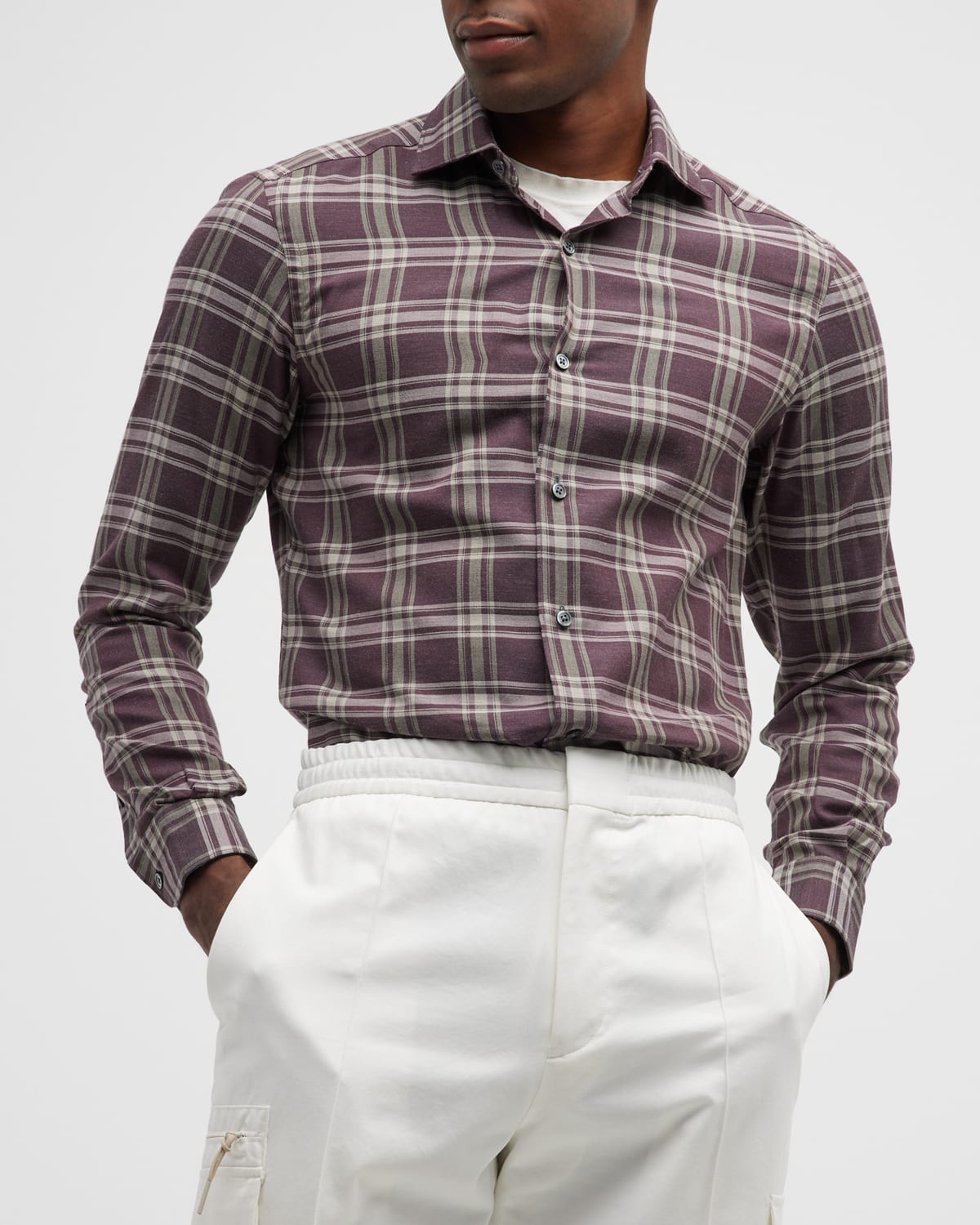 Zegna Men's Plaid Cotton-cashmere Sport Shirt In Dk Prp Ck