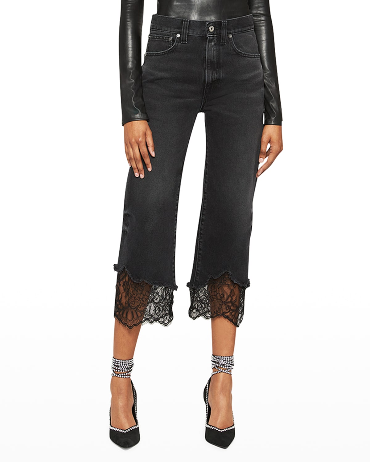 Straight Ankle Jeans with Scalloped Lace Hem
