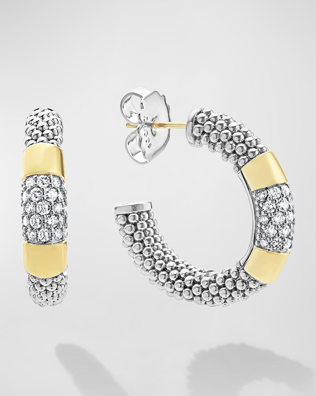 LAGOS DIAMOND HOOP EARRINGS WITH SMOOTH 18K GOLD AND CLASSIC STERLING SILVER CAVIAR BEADING