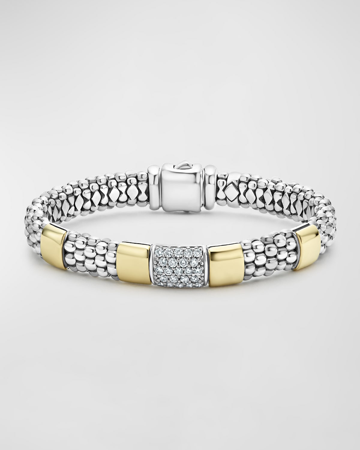 LAGOS DIAMOND AND SMOOTH STATION BRACELET IN 18K GOLD WITH STERLING SILVER CAVIAR BEADING