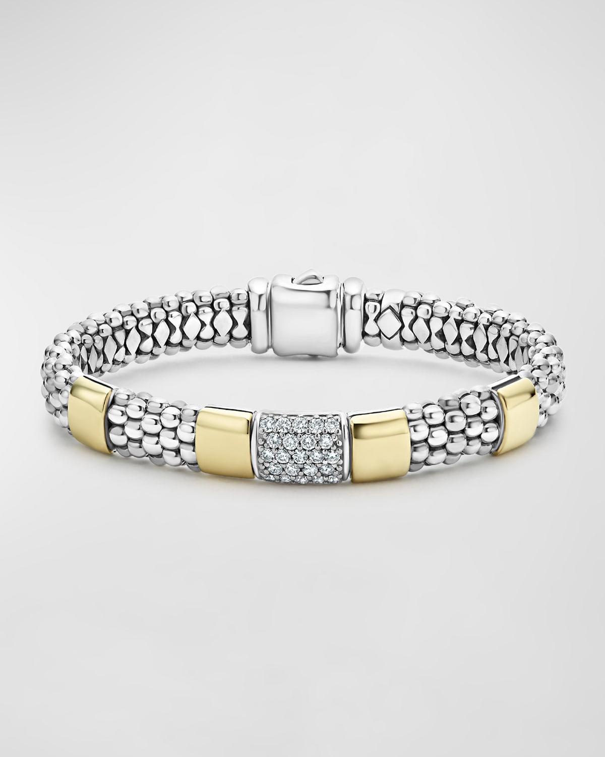 Lagos Diamond And Smooth Station Bracelet In 18k Gold With Sterling Silver Caviar Beading In Silver