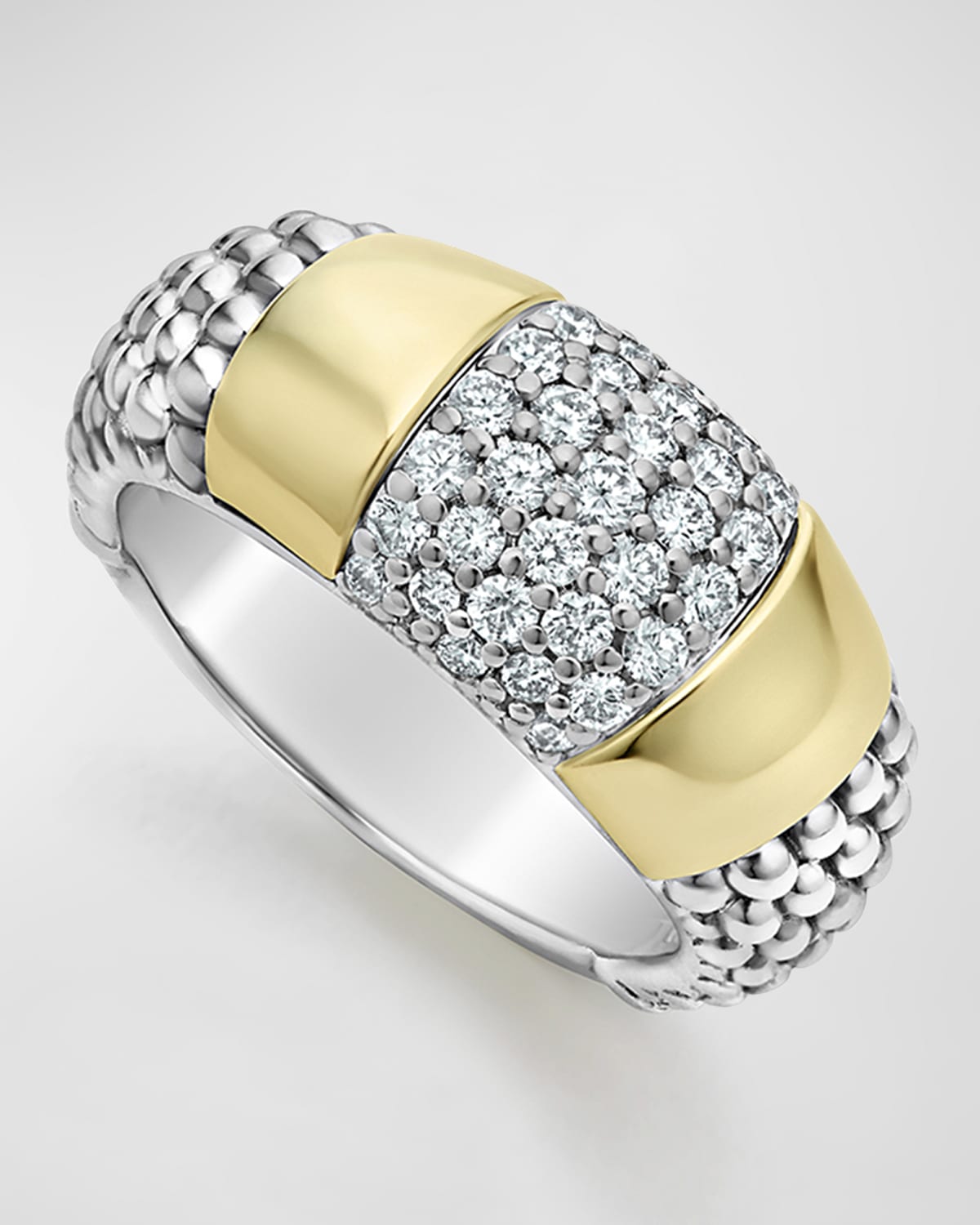 Diamond and Smooth Station Ring in 18K Gold with Sterling Silver Caviar Beading