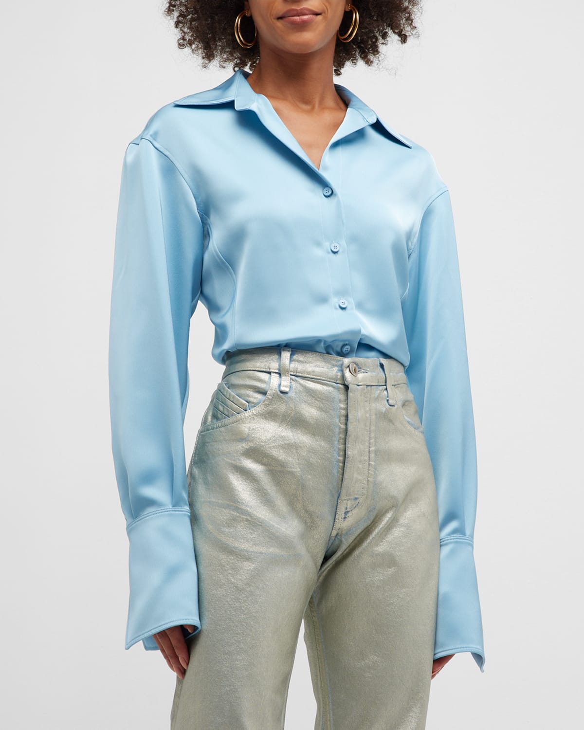 Attico Lily Satin Collared Shirt In Baby Blue
