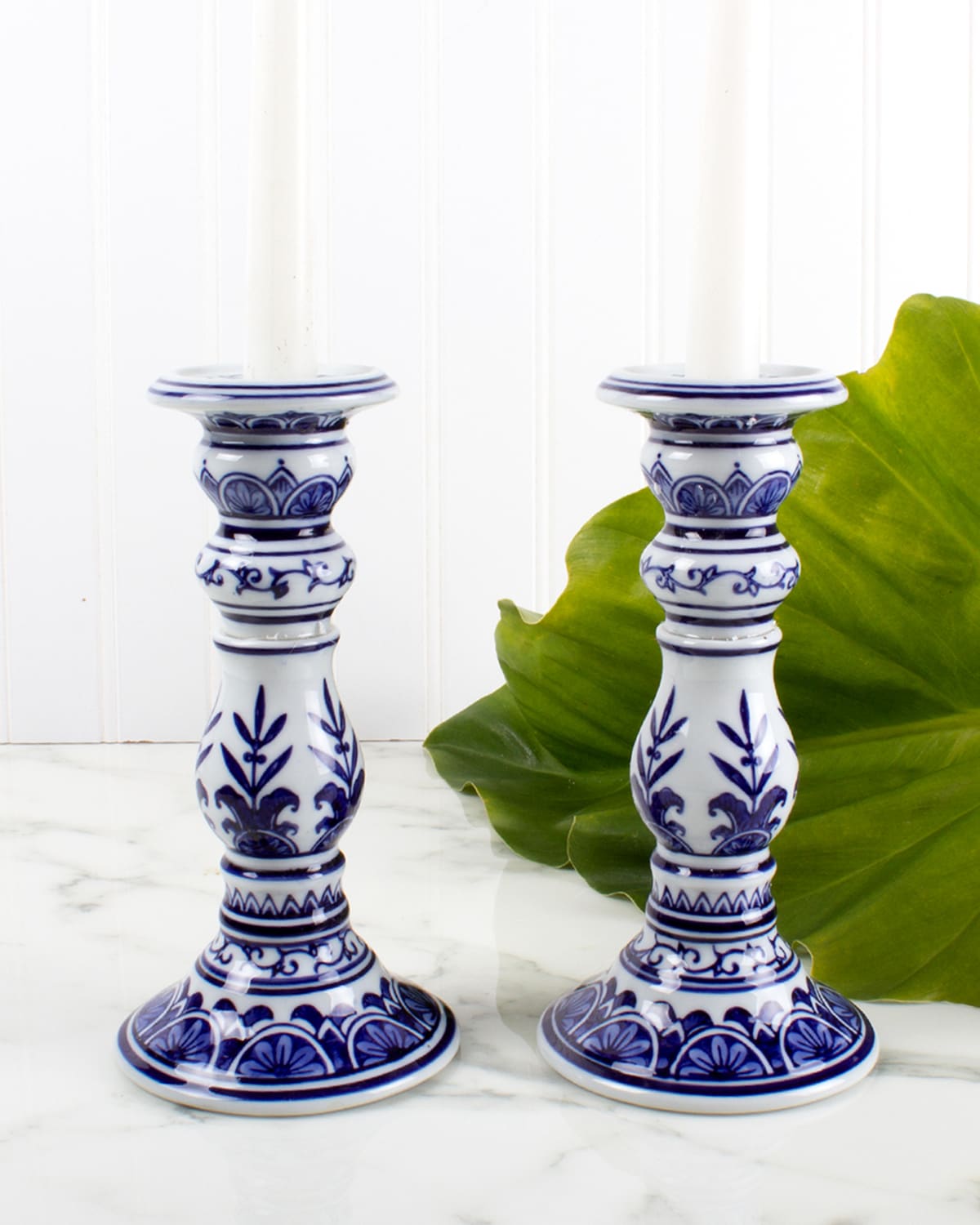 Shop 8 Oak Lane Small Chinoiserie Candle Sticks, Set Of 2 In Blue