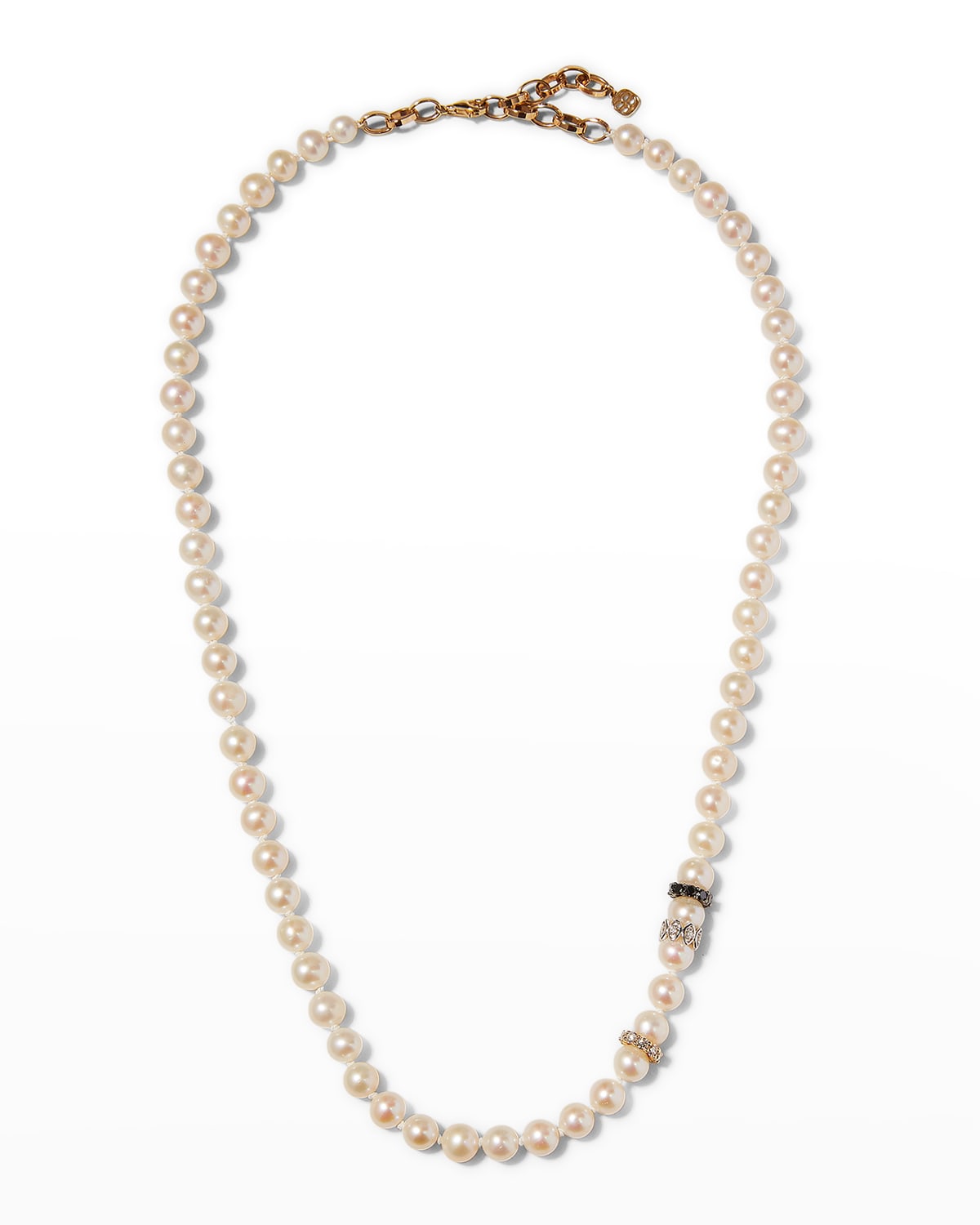 Men's Freshwater Pearl Necklace w/ White and Black Diamonds