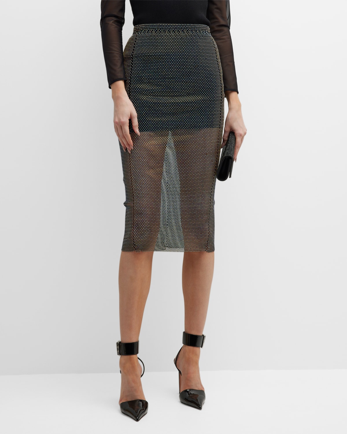 Rhinestone Open-Knit Midi Skirt