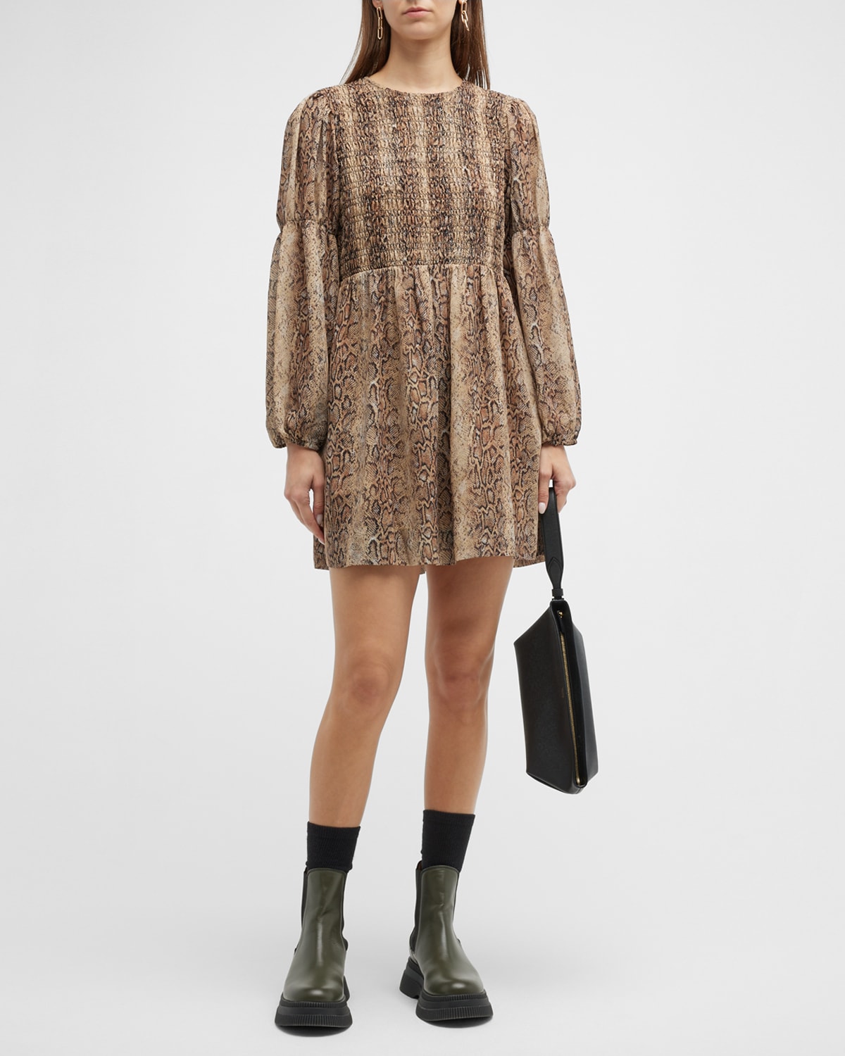 Ganni Snake-printed Smocked A-line Mini Dress In Snake Starfish