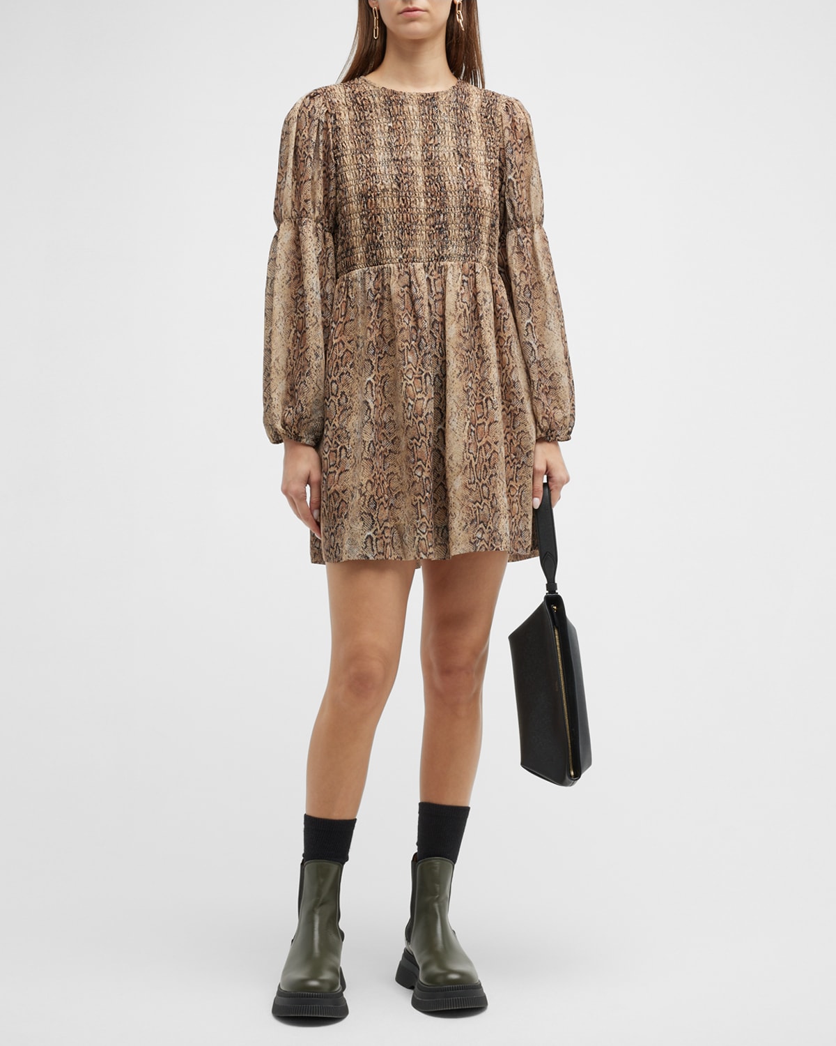 GANNI SNAKE-PRINTED SMOCKED A-LINE MINI DRESS