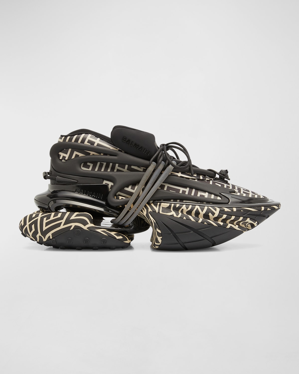 Shop Balmain Men's Unicorn Monogram Neoprene Low-top Sneakers In Ivory/black
