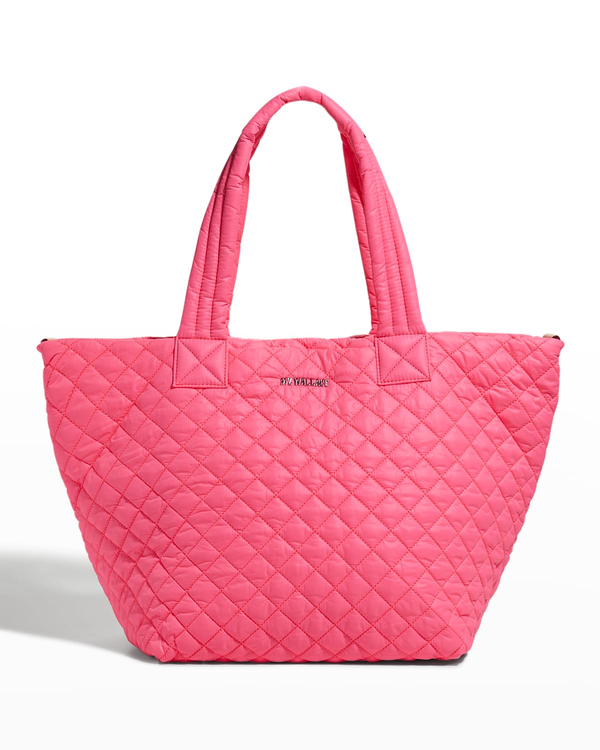 Mz Wallace Metro Deluxe Medium Quilted Nylon Tote Bag In Neon Pink/silver