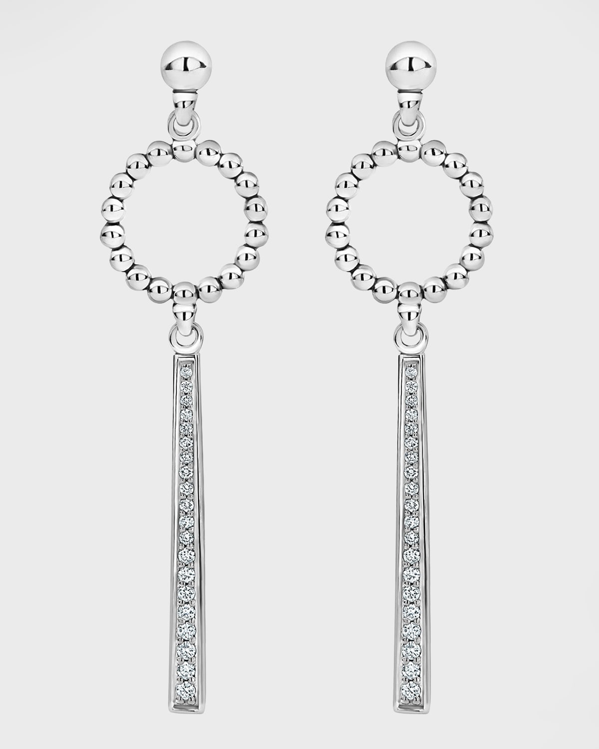 Sterling Silver Caviar Beaded Circle Drop Earrings with Linear Diamond Station