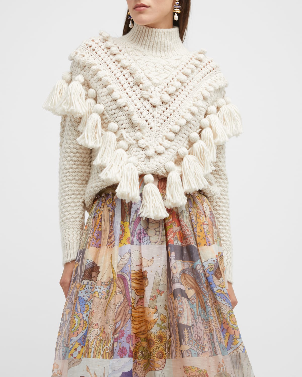 Crochet Tassel and Pom Pom Turtleneck Sweater