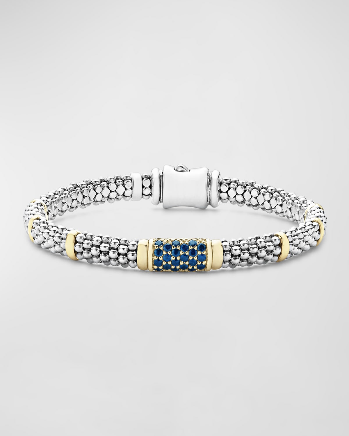LAGOS 18K GOLD STATION AND STERLING SILVER CAVIAR BEAD BRACELET WITH PAVÉ STATION OF BLUE SAPPHIRES