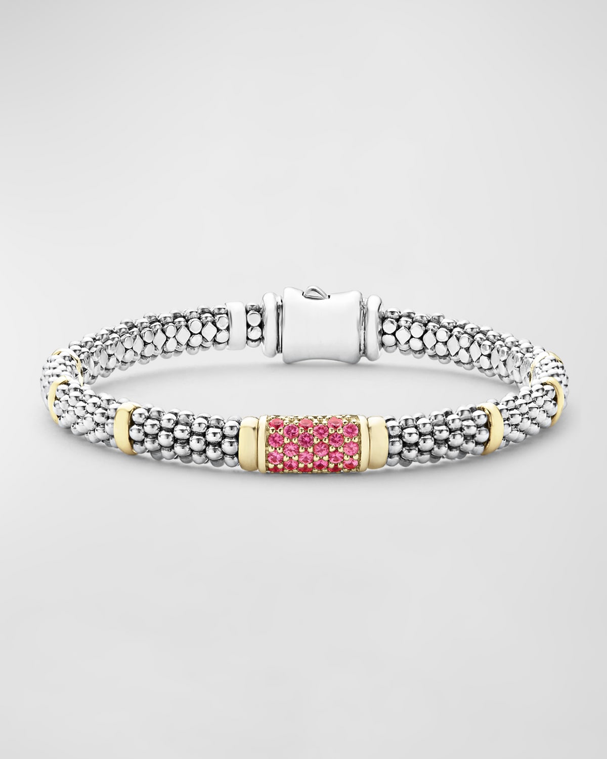 LAGOS 18K GOLD STATIONS ON STERLING SILVER CAVIAR BEAD BRACELET WITH PINK SAPPHIRES. 6MM