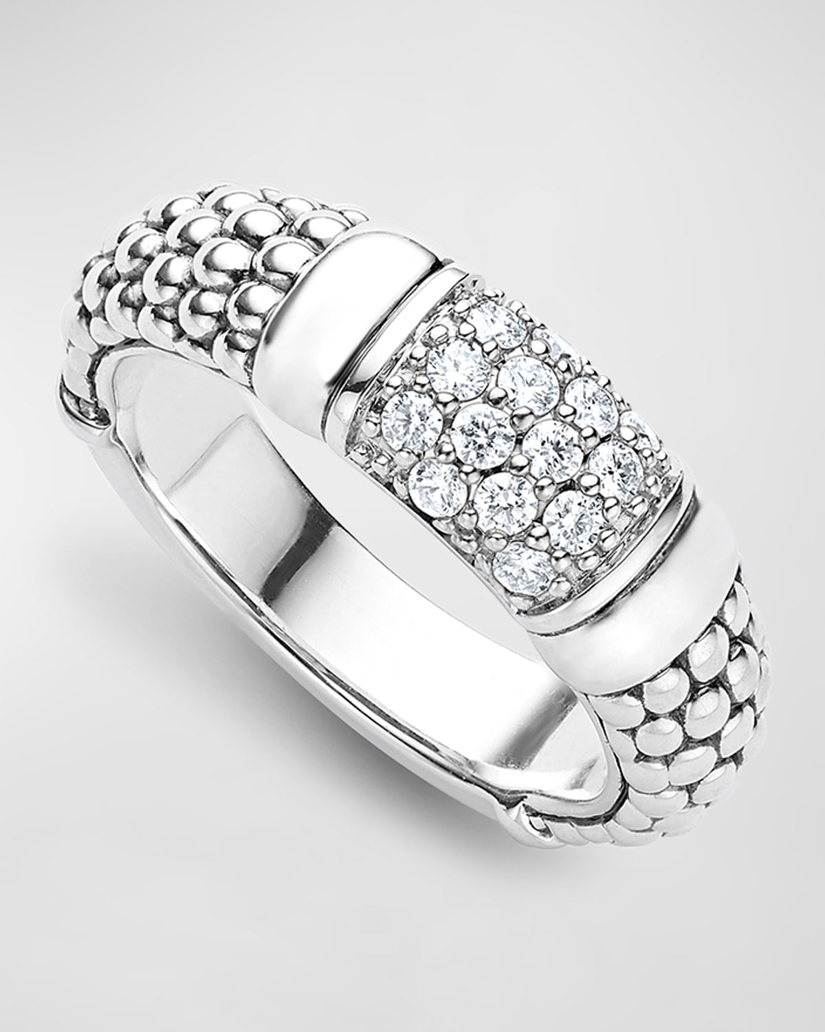 Pavé Diamond and Sterling Silver Caviar Bead 6mm Band Ring