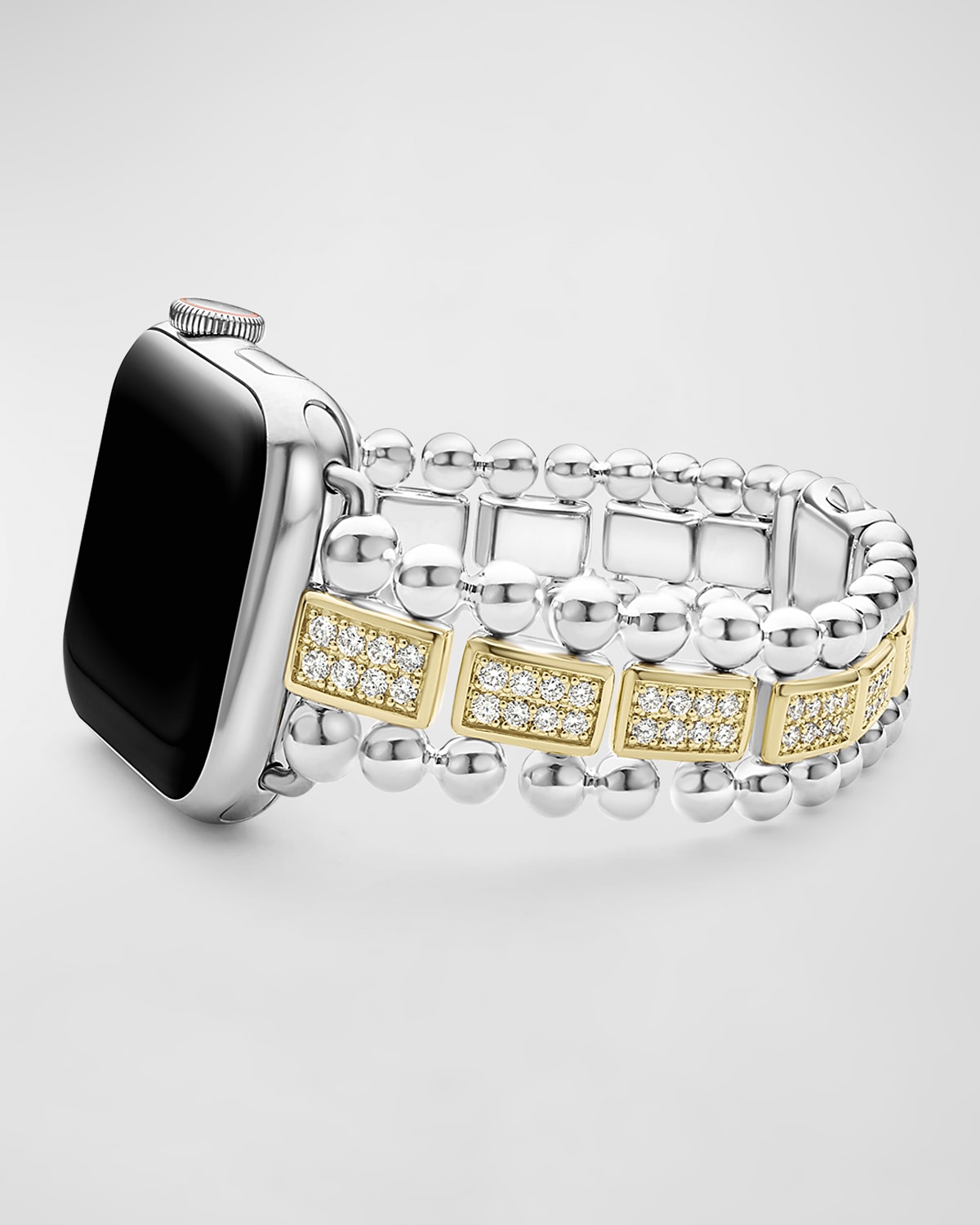 LAGOS SMART CAVIAR TWO-TONE STERLING SILVER AND 18K YELLOW GOLD FULL DIAMOND APPLE WATCH BRACELET, 38-45MM