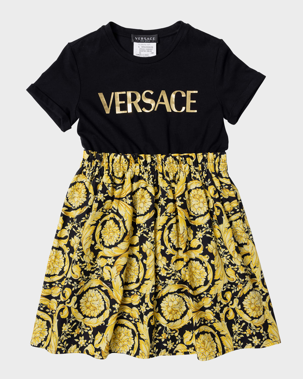 Versace Kids' Girl's Barocco Logo-print Combo Dress In Blackgold