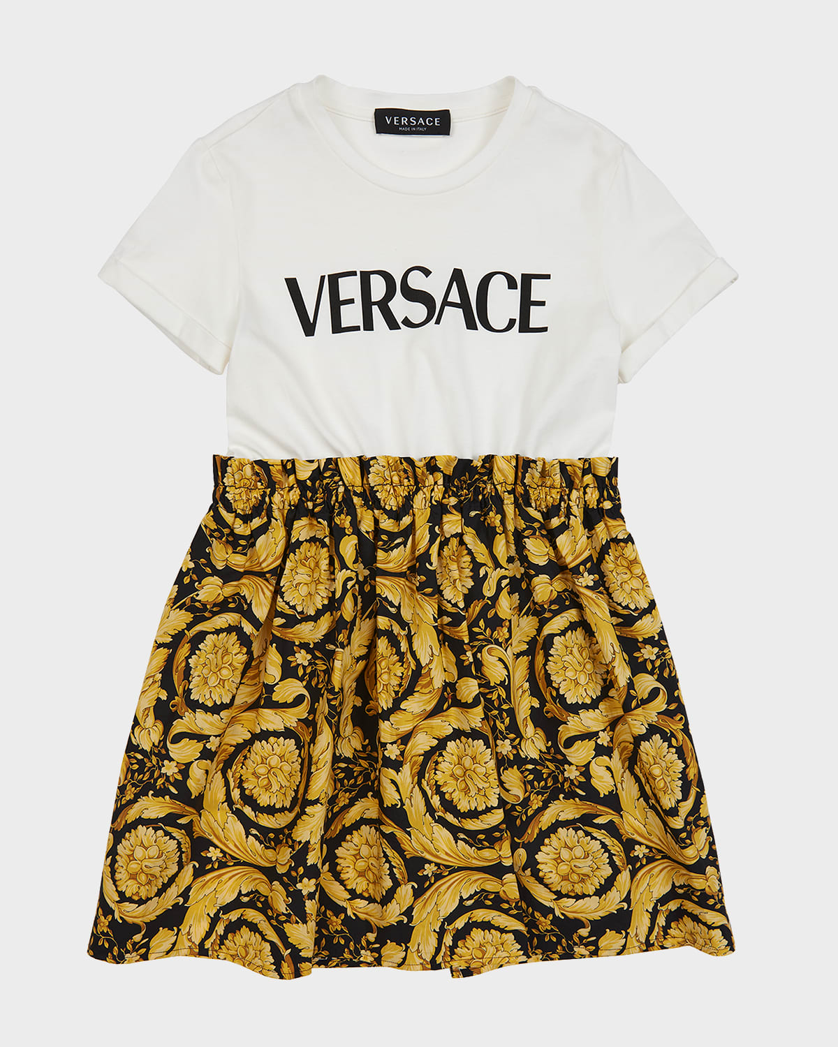 Versace Kids' Girl's Barocco Logo-print Combo Dress In Whitegoldblack