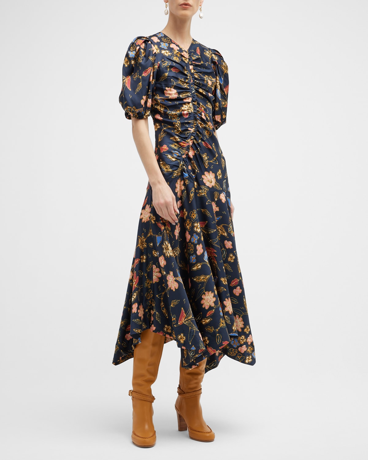 Ulla Johnson Heleen Puff-Sleeve Long Printed Silk Dress