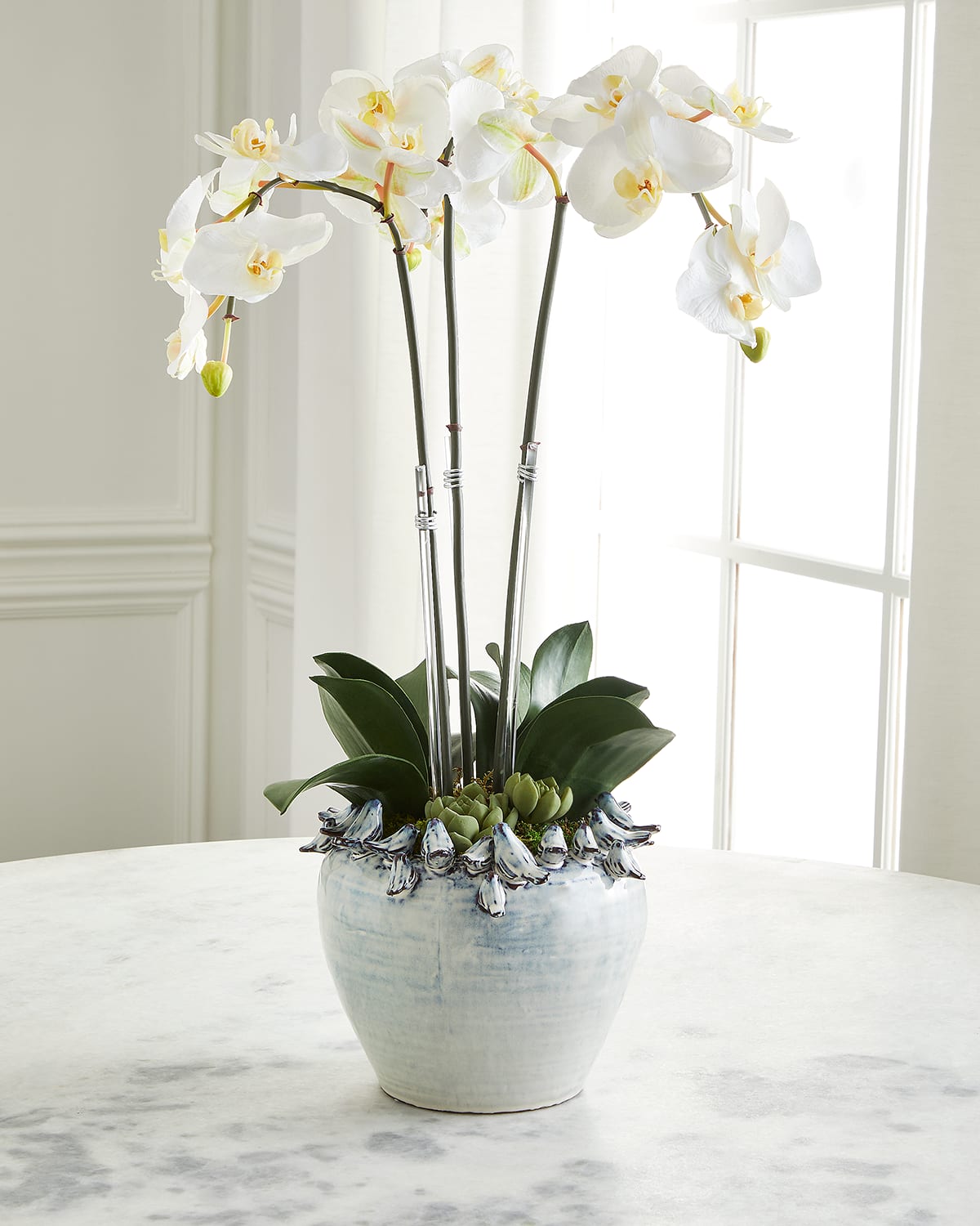 Orchid Faux Florals in Ceramic Bird Pot - 25"