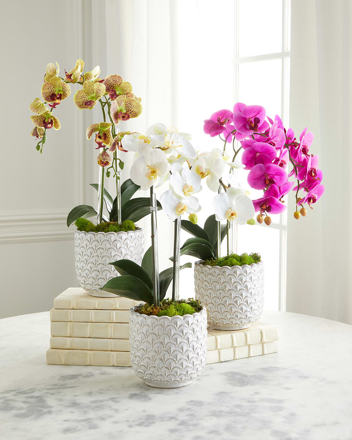 Double Orchid Faux Florals in Ceramic Scalloped Pot - 20"