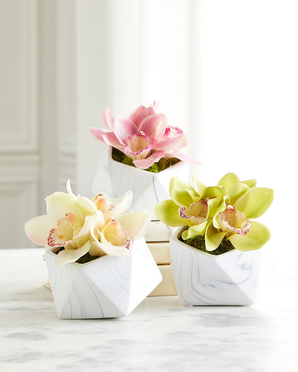 Orchid Faux Florals in Ceramic Geometric Pot - 12"