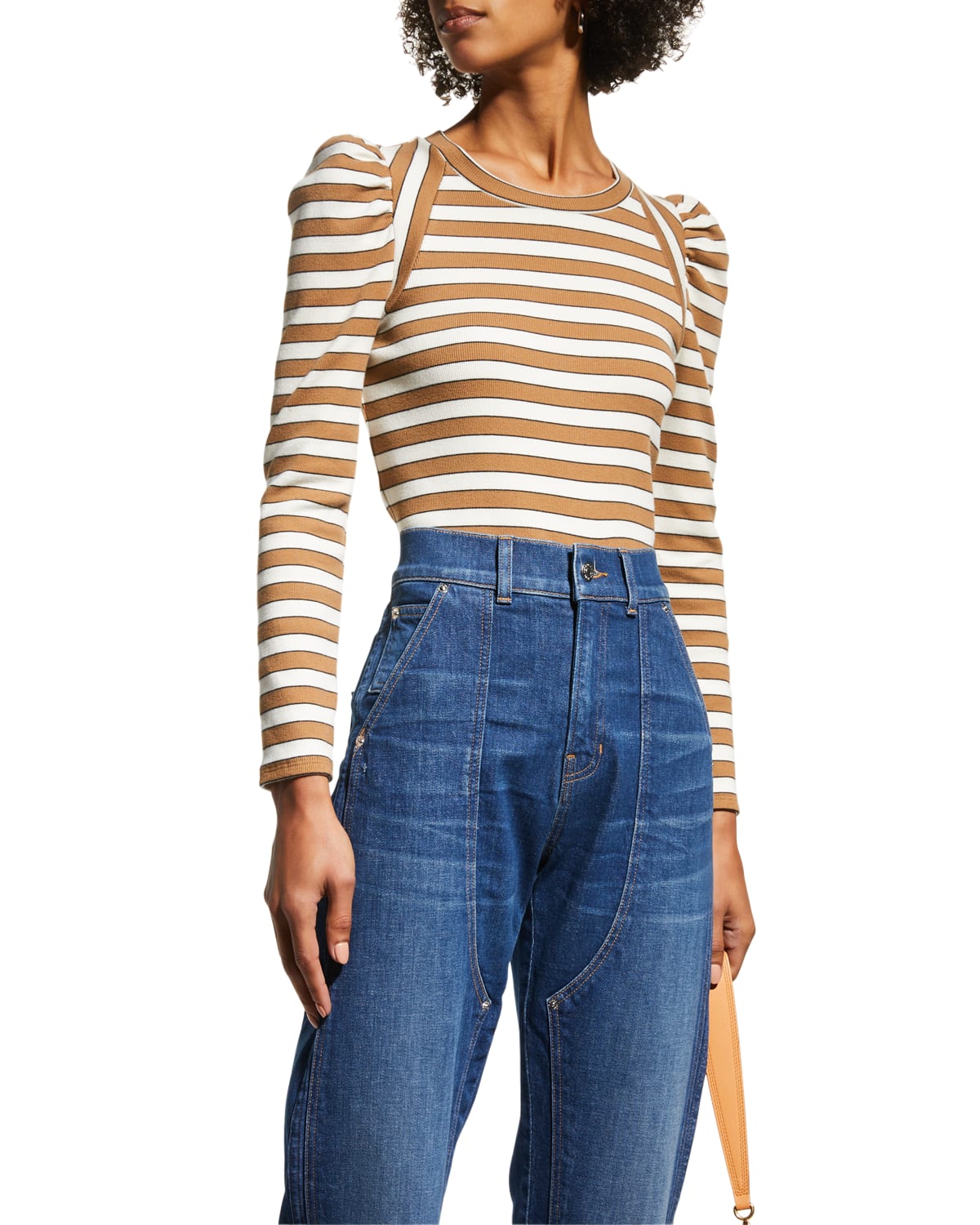 VERONICA BEARD JEANS DELANO STRIPED LONG PUFF-SLEEVE TEE
