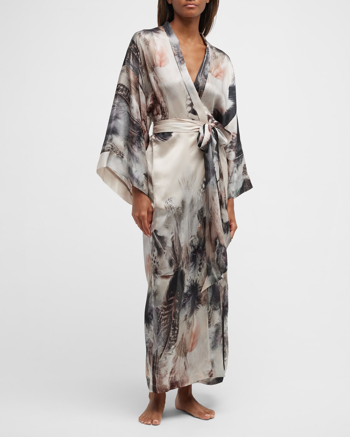 Christine Lingerie Sanctuary Long Featherprint Silk Robe In Sanctuary