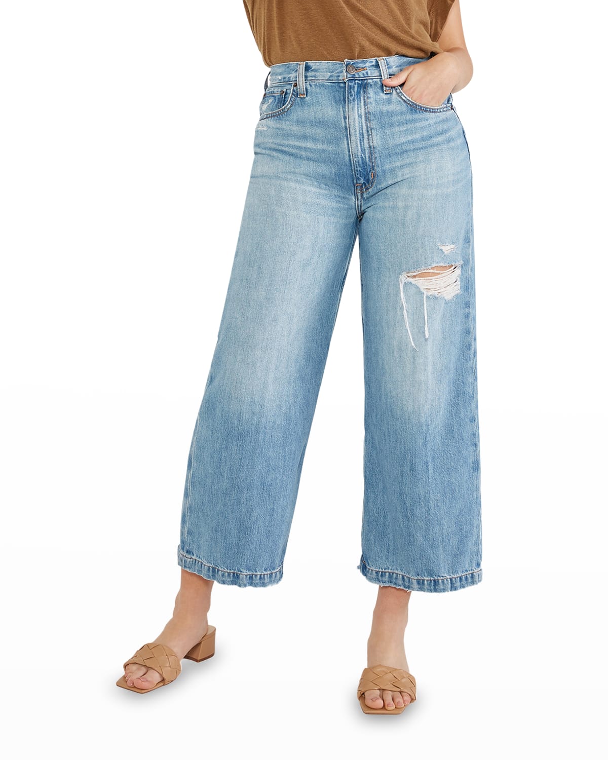 ETICA Devon Distressed Wide Flared-Leg Cropped Jeans
