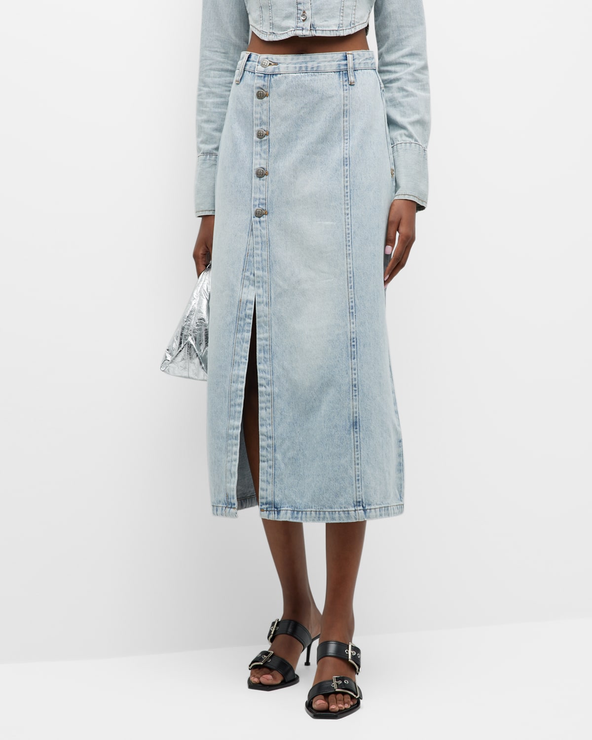 Ksubi Jordan Asymmetric Button-Front Denim Midi Skirt