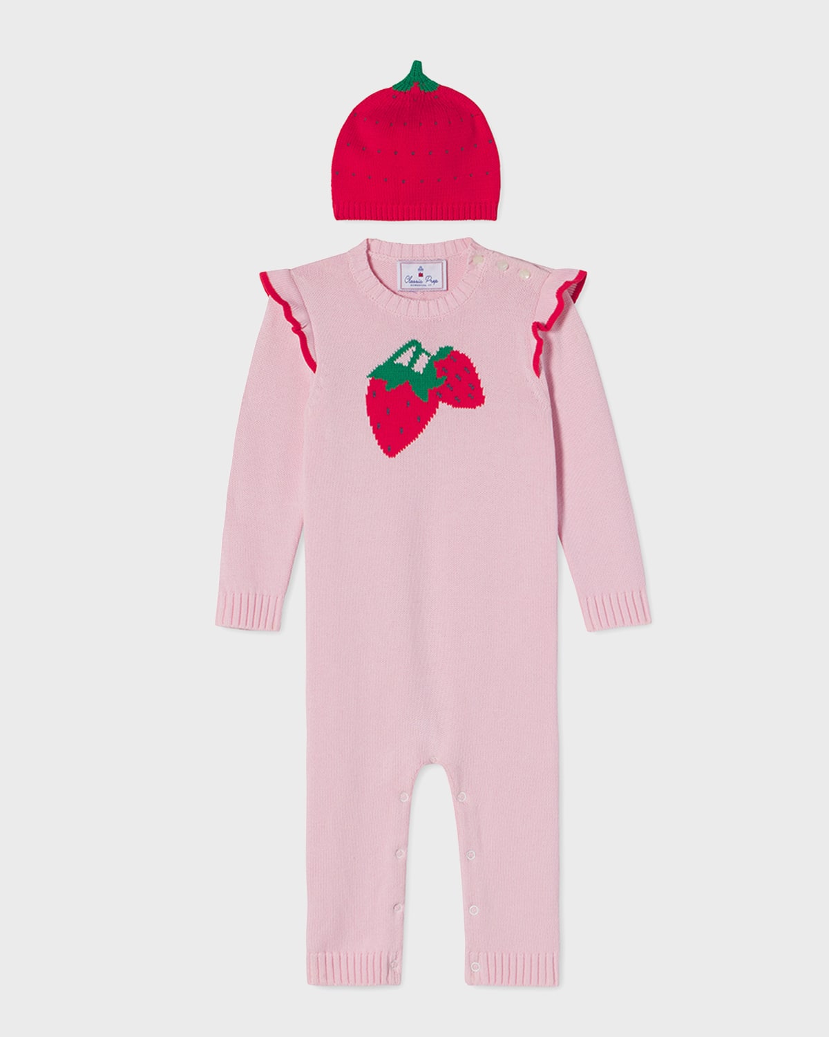 Girl's Callie Stawberry Intarsia Coverall W/ Hat, Size Newborn-24M